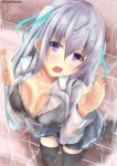  against_glass black_bra black_legwear blush bra breasts cleavage collarbone kanzaki_kureha large_breasts long_hair open_mouth original silver_hair twintails two_side_up underwear violet_eyes wet wet_clothes 