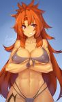  1girl abs azalanz blue_background breast_rest breasts crossed_arms front-tie_bikini front-tie_top grey_bikini grin headband long_hair muscle orange_hair queen&#039;s_blade risty shiny shiny_skin signature smile solo spiky_hair tattoo violet_eyes 