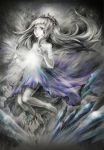  1girl absurdres barefoot crystal deemo dress expressionless floating full_body girl_(deemo) graphite_(medium) highres looking_away shining solo traditional_media vesta_(delaurant02) 