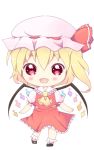  1girl :d blonde_hair bow chibi fang flandre_scarlet hat hat_bow mob_cap ogata_hisano open_mouth red_bow short_hair short_sleeves simple_background smile solo touhou white_background wings 