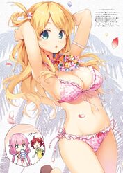  3girls arm_strap arms_up bikini blonde_hair blue_eyes blush breasts cleavage flower frilled_bikini frills front-tie_top hair_flower hair_ornament long_hair multiple_girls navel open_mouth original petals pink_bikini pink_hair redhead senji_(tegone_spike) short_hair side-tie_bikini swimsuit 