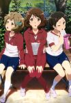  3girls absurdres bike_shorts brown_hair gym_uniform hibike!_euphonium highres katou_hazuki kawashima_sapphire legs multiple_girls nyantype official_art oumae_kumiko short_hair 