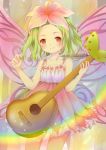  blush brown_eyes butterfly_wings character_request dress electric_guitar flower green_hair guitar hair_flower hair_ornament highres instrument rainbow short_hair show_by_rock!! smile sparkle wings 