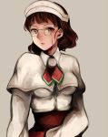  1girl bangs blunt_bangs brown_eyes brown_hair capelet detached_sleeves glasses headdress kantai_collection neckerchief pamuta roma_(kantai_collection) shirt skirt sleeveless sleeveless_shirt wavy_hair 