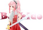  1girl alternate_hairstyle blush breasts headphones japanese_clothes katana large_breasts long_hair looking_at_viewer miko nitroplus pink_hair ponytail red_eyes solo super_sonico sword weapon 
