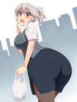  1girl alternate_costume alternate_hairstyle ass bag bent_over black_legwear breasts hayashi_custom highres izayoi_sakuya large_breasts looking_at_viewer looking_back miniskirt office_lady open_mouth pantyhose pantylines ponytail red_eyes shirt shopping_bag side_slit silver_hair skirt solo touhou vest 