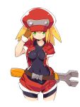  1girl adjusting_hair belt bike_shorts blonde_hair brown_gloves cabbie_hat covered_navel gloves green_eyes hat jacket katsudansou looking_at_viewer open_clothes open_jacket rockman rockman_dash roll_caskett short_hair short_shorts shorts skin_tight smile solo white_background wrench 