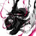  1girl bloodborne copyright_name gloves hood hunter_(bloodborne) kmitty looking_at_viewer monochrome pink_eyes solo spot_color sword weapon 