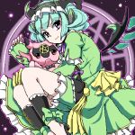  1girl astaroth_(p&amp;d) bow cauchemar_(p&amp;d) demon_girl demon_horns detached_sleeve dress frilled_dress frills green_bow green_dress hairband horns long_sleeves lowres magic_circle outline pentagram pn2_maru puffy_long_sleeves puffy_sleeves purple_ribbon puzzle_&amp;_dragons ribbon short_hair smile solo violet_eyes wings 