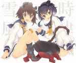  2girls anchor background_text black_hair black_legwear brown_hair character_name gradient_hair headgear holding_hands kantai_collection looking_at_viewer multicolored_hair multiple_girls neckerchief oluha open_mouth panties pantyshot pantyshot_(sitting) sailor_collar sailor_dress seamed_legwear shirt short_hair short_hair_with_long_locks side-seamed_legwear sitting thigh-highs tied_shirt tokitsukaze_(kantai_collection) underwear white_panties yukikaze_(kantai_collection) 