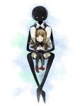  1girl adjusting_clothes bowtie deemo deemo_(character) full_body girl_(deemo) happy height_difference hk_(nt) hug hug_from_behind pantyhose sitting smile 