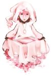  1girl cloak deemo fukiyu_(fhxyhky) hood jewelry mask masked_lady_(deemo) pendant petals pink skirt skirt_lift solo watch 