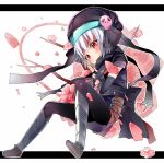  1girl blush female gloves gomibox hachisuka_goemon hat kunai ninja oda_nobuna_no_yabou red_eyes scarf short_hair silver_hair skull solo sword weapon white_background 