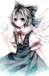  1girl absurdres blue_eyes blue_hair blurry blush bow cirno dress hair_bow highres ice ice_wings marker_(medium) muted_color pale_skin short_hair simple_background solo touhou traditional_media upper_body white_background wings wiriam07 