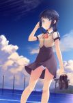  1girl black_hair blue_eyes folded_hair fukadou_magorona hair_rings holding holding_shoes long_hair nagi_no_asukara panties pantyshot school_uniform shiodome_miuna shoes twintails underwear 