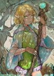  1girl blonde_hair cloak elf fingerless_gloves forest frilled_shorts frills gloves green_eyes highres hiranko lips looking_at_viewer nature original pointy_ears short_hair solo staff tree 