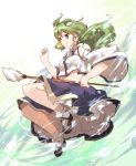  1girl amonitto blue_eyes detached_sleeves frog_hair_ornament gohei green_hair hair_ornament kochiya_sanae long_hair long_sleeves midriff shirt skirt snake_hair_ornament solo touhou upskirt wide_sleeves 