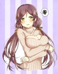  1girl akakura blush bow breast_hold crossed_arms green_eyes hair_bow love_live!_school_idol_project open-chest_sweater purple_hair solo spoken_squiggle squiggle sweat sweater toujou_nozomi twintails vertical-striped_background vertical_stripes 