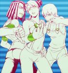  3girls armband foo_fighters green_eyes green_lipstick hairlocs hermes_costello jojo_no_kimyou_na_bouken kuujou_jolyne lipstick makeup middle_finger midriff multiple_girls overalls ruchi spot_color wristband 