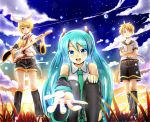  1boy 2girls :d aqua_eyes aqua_hair baretto_(karasi07) belt blonde_hair crossed_arms detached_sleeves drumsticks guitar hatsune_miku instrument kagamine_len kagamine_rin long_hair looking_at_viewer multiple_girls necktie open_mouth outstretched_arm outstretched_hand short_hair shorts smile tagme twilight twintails vocaloid yellow_eyes 