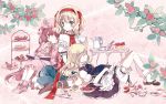  3girls album_cover alice_margatroid apron black_dress blonde_hair bloomers blue_dress blue_eyes book cake cierra_(ra-bit) closed_eyes cookie cover crescent cup dress eating flower food hairband kirisame_marisa lap_pillow leaning_on_person lolita_hairband mob_cap multiple_girls no_hat patchouli_knowledge pink_dress purple_hair reading red_rose rose sitting sleeping table teacup teapot touhou underwear violet_eyes waist_apron 
