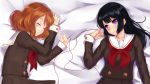  2girls black_hair brown_hair hibike!_euphonium highres kousaka_reina long_hair looking_at_another lying mizuki_ame multiple_girls on_back on_bed on_side oumae_kumiko red_string school_uniform serafuku short_hair sleeping smile string violet_eyes wavy_hair yuri 