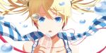  1girl blonde_hair bottle collarbone earphones face ing_(artist) looking_at_viewer open_mouth original solo striped tank_top twintails water_bottle water_drop 