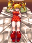  1girl ankle_boots bed blonde_hair blue_eyes blush boots bow breasts dress effie fingerless_gloves full-face_blush gloves hair_bow long_hair looking_at_viewer on_bed oppai_loli osamu_yagi pillow red_dress red_gloves ribbon solo spikes street_fighter street_fighter_iii sweatdrop twintails 