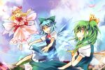  3girls blonde_hair blue_dress blue_eyes blue_hair blue_sky bow capelet cirno closed_eyes daiyousei dress fairy fairy_wings flying_sweatdrops green_eyes green_hair hair_bow hair_ribbon hat ice ice_wings kutsuki_kai lily_white long_sleeves multiple_girls open_mouth outstretched_arms petals pink_dress puffy_short_sleeves puffy_sleeves ribbon sash shirt short_sleeves side_ponytail sky smile touhou wide_sleeves wings 