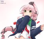  1girl blush cosplay covering_mouth dated flower green_eyes jacket kantai_collection kodera_ju long_hair mutsuki_(kantai_collection) mutsuki_(kantai_collection)_(cosplay) petals pink_hair school_uniform serafuku side_ponytail solo twitter_username very_long_hair yura_(kantai_collection) 