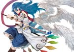  1girl adapted_costume bare_shoulders blue_hair boots detached_sleeves grin hinanawi_tenshi judo_fuu long_hair long_sleeves looking_at_viewer multiple_wings red_eyes sash scarf shirt skirt smile solo sword_of_hisou touhou very_long_hair wide_sleeves wings 