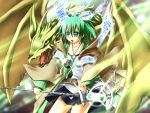  1girl breasts cleavage collarbone dragon dragon_wings duel_monster glowing green_eyes green_hair jacket jewelry long_hair omega_na_hito open_mouth pendant petit_dragon ponytail scepter skirt solo wings wynn yuu-gi-ou 