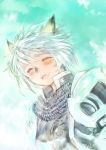  1girl animal_ears armor blush chainmail closed_eyes clouds doraeshi dutch_angle facial_mark final_fantasy final_fantasy_xi happy highres mithra open_mouth paladin_(final_fantasy) pauldrons short_hair sketch sky smile solo upper_body white_hair 