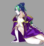  1girl black_hair blurry chain double_bun green_hair green_lipstick jojo_no_kimyou_na_bouken kuujou_jolyne lipstick long_coat looking_away makeup multicolored_hair naked_coat solo two-tone_hair yui930 