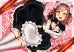  1girl absurdres apron blush breast_squeeze breasts brown_hair cleavage cleavage_cutout elbow_gloves from_above gloves green_eyes head_tilt highres looking_at_viewer lying maid maid_headdress on_back open_mouth original rakkou ribbon smile solo thigh-highs white_gloves zettai_ryouiki 