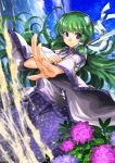  1girl blue_eyes blue_sky clouds detached_sleeves flower frog_hair_ornament gohei green_hair hair_ornament kochiya_sanae long_hair long_sleeves looking_at_viewer shirt skirt sky smile snake_hair_ornament solo touhou umigarasu_(kitsune1963) very_long_hair wide_sleeves 