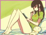  1girl bare_legs barefoot black_eyes black_hair breasts eric_muentes green_nails hime_cut long_hair madeline_(woof) nail_polish notebook original pencil pillow sitting t-shirt 