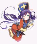  1girl belt bodysuit boots cosplay cross dragon_quest dragon_quest_iii full_body gloves green_eyes heart jumping long_hair love_live!_school_idol_project mace mitre priest_(dq3) purple_hair rassie_s skin_tight smile solo tabard toujou_nozomi weapon white_background wink yellow_gloves 