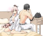  1boy 1girl admiral_(kantai_collection) barefoot bed black_hair dated green_eyes hair_ornament hair_ribbon kantai_collection kodera_ju long_hair naked_shirt pillow pink_hair ponytail ribbon rotary_phone shirt sitting very_long_hair wariza yura_(kantai_collection) 