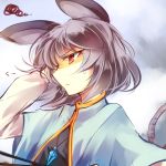  1girl animal_ears capelet clouds cloudy_sky dress gem grey_dress grey_hair jewelry kutsuki_kai long_sleeves mouse_ears mouse_tail nazrin necklace pendant red_eyes shirt sky solo squiggle tail touhou upper_body 