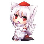  1girl animal_ears bare_shoulders blush chibi detached_sleeves fang fox_ears fox_tail hat inubashiri_momiji oohirakeisuke open_mouth red_eyes short_hair simple_background solo tail touhou white_background white_hair 