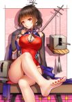  1girl anchor antennae bare_legs barefoot biting black_gloves breasts brown_hair cannon character_request china_dress chinese_clothes crossed_legs elbow_gloves glove_biting gloves large_breasts machinery red_eyes sitting solo tidsean warship_girls_r yat_sen_(warship_girls_r) 