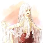  1girl fujiwara_no_mokou half-closed_eyes long_hair lowres mokoiscat no_hair_bow outstretched_arms red_eyes solo torn_clothes torn_sleeves touhou very_long_hair white_hair 