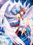  1girl angel angel_wings bare_shoulders blue_eyes brown_hair dress earth fetal_position hair_ornament halo head_wings heterochromia high_heels highres legs long_hair multiple_wings nail_polish original puffy_sleeves solo wings yellow_eyes 