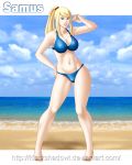  1girl adapted_costume barefoot bikini blonde_hair blue_bikini blue_eyes breasts cleavage contrapposto full_body hand_on_hip jorge_cabellos large_breasts lips long_hair metroid mound_of_venus navel ponytail samus_aran solo swimsuit thighs watermark web_address zero_suit 