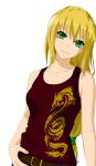  1girl belt blonde_hair bottomless breasts denim dragon_print excel excel_saga fursen green_eyes hands_on_hips highres jeans looking_at_viewer painted_nail pants plait red_shirt shirt smile solo 