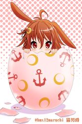  1girl animal_ears brown_hair crescent_hair_ornament easter_egg egg hair_ornament highres kantai_collection long_hair neko_danshaku rabbit_ears red_eyes school_uniform uzuki_(kantai_collection) 