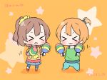  &gt;_&lt; 2girls :3 :d alternate_hairstyle brown_hair chibi commentary_request hoshizora_rin instrument koizumi_hanayo love_live!_school_idol_project maracas multiple_girls one_side_up open_mouth orange_hair pants playing_instrument ponytail scrunchie shaking skirt smile star ususa70 x3 xd 