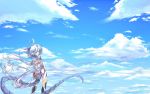  1girl ahoge boots claws closed_eyes clouds cloudy_sky dragon_girl dragon_horns dragon_tail from_behind g_(desukingu) horns long_hair looking_back original sky smile solo tail thigh-highs thigh_boots very_long_hair white_hair 