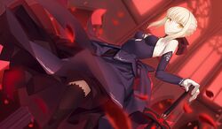  1girl bare_shoulders black_legwear blonde_hair dark_excalibur detached_sleeves dress fate/stay_night fate_(series) hair_ribbon looking_at_viewer petals ribbon saber saber_alter small_breasts solo sword thigh-highs weapon yangsion yellow_eyes 